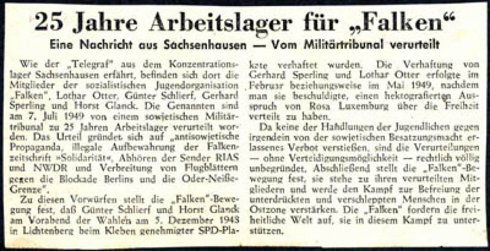 Telegraf-Meldung über das Urteil gegen Otter, Glanck, Schlierf und Sperling (Mitte Oktober 1949).