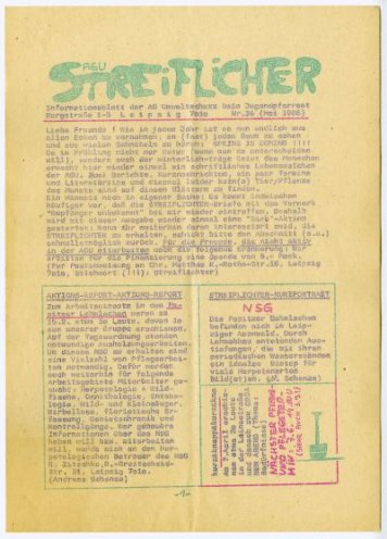 Streiflichter Nr. 36 (Mai 1986), hergestellt von der Arbeitsgruppe Umweltschutz beim Stadtjugendpfarramt Leipzig. Die Streiflichter sind das erste Periodikum einer politisch orientierten Basisgruppe. Von 1981 bis 1989 erscheinen insgesamt 56 Ausgaben.