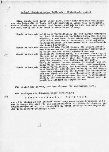 Gründungsaufruf der Bürgerbewegung Demokratischer Aufbruch (1989).