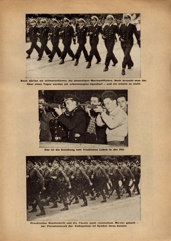 „Jugend auf dem Marsch in eine neue Tragödie“: Flugblatt der SPD von 1952, in dem sie Kritik an dem militaristischen Drill übt, dem die Jugend in der Sowjetzone ausgesetzt ist. Quelle: Archiv der Sozialen Demokratie, Seite 3 von 4