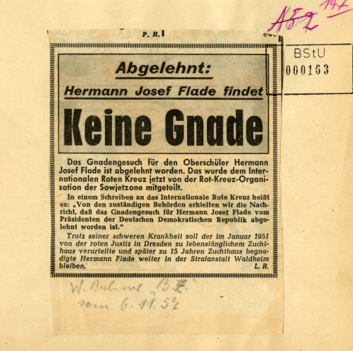 Meldung einer westdeutschen Zeitung über die Ablehnung eines Gnadengesuchs für den in der Haft erkrankten Hermann Joseph Flade, 6. November 1957. Quelle: BStU, MfS, ZA/AS 11646/62a