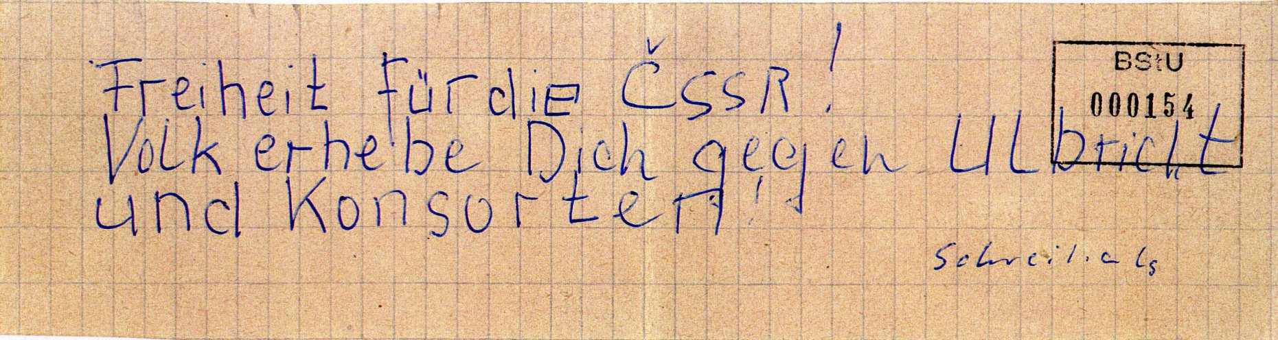 In Schwerin schreibt ein 21-jähriger Flugblätter gegen den Einmarsch der Warschauer-Pakt-Truppen in die CSSR und verteilt diese in Hausbriefkästen in seiner Wohngegend. Quelle: BStU, MfS, BV Schwerin, AU 11/69, GA Bd. 3, Bl. 154, Seite 8 von 10