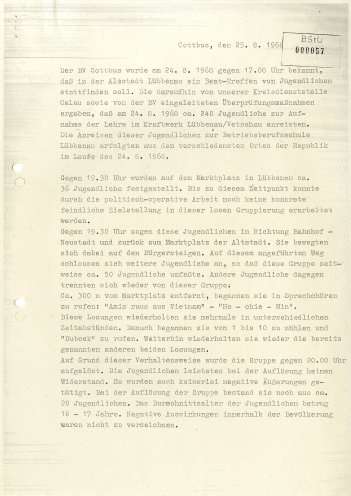 Bericht der Staatssicherheit über die Protesdemonstration in Lübbenau, 25. August 1968. Quelle: BStU, MfS, BV Cottbus, AKG 3063, Bl. 57, Seite 1 von 2