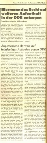 Am 17. November 1976 gibt die SED-Führung im Neuen Deutschland die Ausbürgerung Wolf Biermanns bekannt. Quelle: Neues Deutschland vom 17. November 1976, S. 2