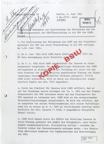 Die Staatsicherheit bereitet die Zwangsausbürgerung von Roland Jahn vor. Quelle: BStU, MfS, ZA HA XX Nr. 1665, Seite 1 von 3