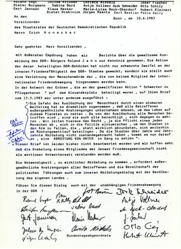„Äußerste Empörung“ über die Ausbürgerung Roland Jahns: Brief der Grünen-Fraktion des Bundestags an Erich Honecker (10. Juni 1983). Quelle: Archiv Grünes Gedächtnis