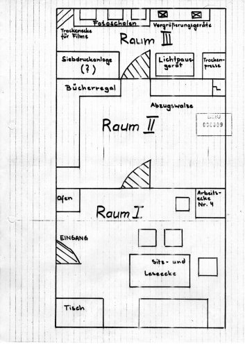 Von der Staatssicherheit am 4. März 1987 angefertigter Lageplan der Räume der Umwelt-Bibliothek. Quelle: BStU, MfS, Ast Berlin, Abt. XX Nr. 2748