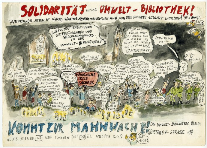 Karikatur von Dirk Moldt als Aufruf zur Mahnwache für die Freilassung der inhaftierten Mitglieder der Umwelt-Bibliothek. Quelle: Robert-Havemann-Gesellschaft