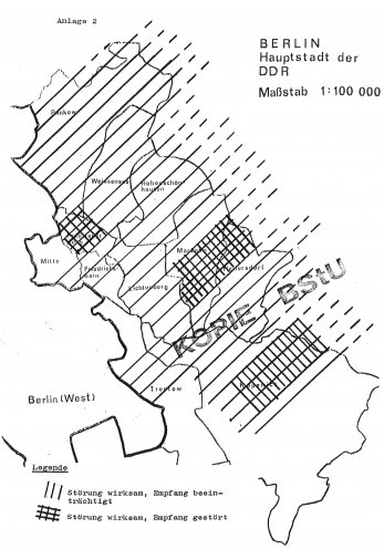 „Störung wirksam, Empfang beeinträchtigt“: Die Stasi setzt Störsender gegen Radio Glasnost ein. Diese Karte zeigt, wo sie damit Erfolg hat. Quelle: BStU, MfS, HA III, Nr. 494, Bl. 103