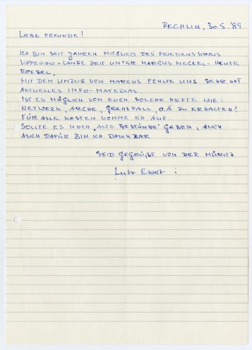Ein Abonnent: Brief aus Rechlin an die Umwelt-Bibliothek mit der Bitte um die regelmäßige Zusendung der Umweltblätter für die Arbeit im Friedenskreis Roebel (30. Mai 1989). Quelle: Robert-Havemann-Gesellschaft