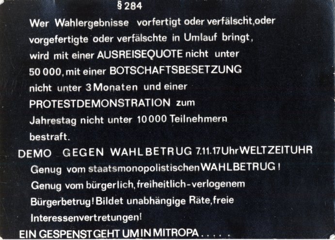 Aufruf zur Demo gegen den Wahlbetrug am 7. November 1989 um 17 Uhr auf dem Ostberliner Alex. Quelle: Robert-Havemann-Gesellschaft/Christian Halbrock/RHG_Fo_HAB_10337