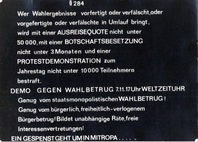 Aufruf zur Demo gegen den Wahlbetrug am 7. November 1989 um 17 Uhr auf dem Ostberliner Alex. Quelle: Robert-Havemann-Gesellschaft/Christian Halbrock