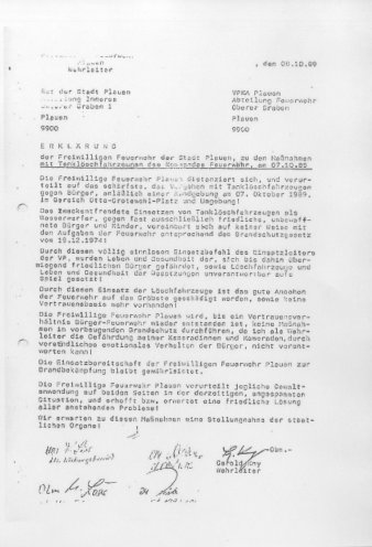 Erklärung der Freiwilligen Feuerwehr Plauen zum Einsatz von Feuerlöschfahrzeugen als Wasserwerfer (8. Oktober 1989). Quelle: Bundesarchiv / Stasi-Unterlagen-Archiv