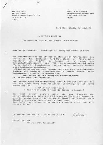 Einer von vielen Briefen an den Zentralen Runden Tisch. In diesem Offenen Brief fordert die Belegschaft des VEB Werkzeugmaschinenkombinats „Fritz Heckert“ in Karl-Marx-Stadt die sofortige Auflösung der SED-PDS (11. Januar 1990). Quelle: Robert-Havemann-Gesellschaft