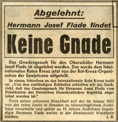 Meldung einer westdeutschen Zeitung über die Ablehnung eines Gnadengesuchs für den in der Haft erkrankten Hermann Joseph Flade, 6. November 1957.