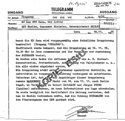 Vorgang „Pegasus“: In einem Telegramm lässt sich Stasi-Chef Erich Mielke persönlich über die Aktivitäten der Jungen Gemeinde in Jena unterrichten.