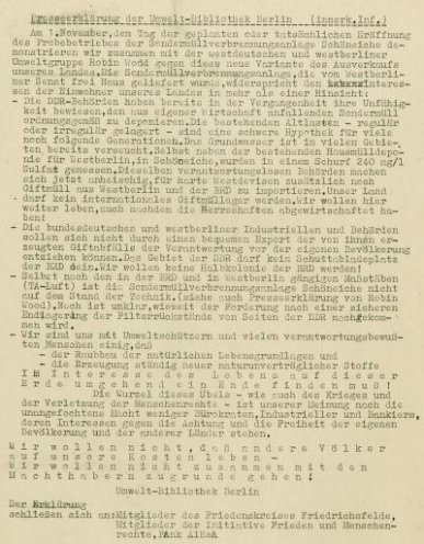 Presseerklärung der Umwelt-Bibliothek Berlin, in der sie gegen die geplante Sondermüllverbrennungsanlage Schöneiche vor den Toren Ost-Berlins protestiert (Herbst 1988). Hier soll nach einer Übereinkunft des Westberliner Senats und der DDR-Regierung...