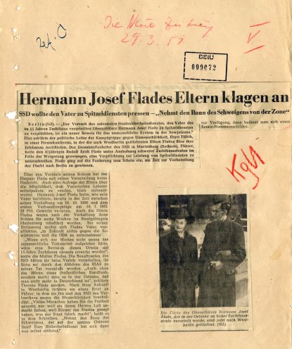 Bericht über den Druck der Staatssicherheit auf die Familie von Hermann Joseph Flade, 29. März 1957. Quelle: BStU, MfS, ZA/AS 41/57