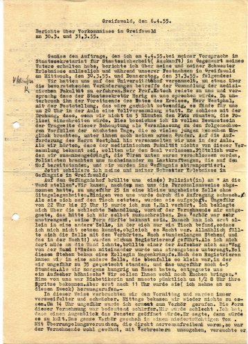 Protokoll einer Demütigung: Eine Medizinstudentin berichtet über ihre Erlebnisse am Abend des 30. März 1955, ihre Verhaftung und die entwürdigenden Bedingungen während der Untersuchungshaft. Quelle: Universitätsarchiv Greifswald, Seite 1 von 2