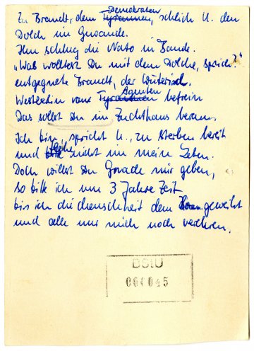 Diese Verse schreibt Ursula Rogall am 13. August 1961 unter dem Eindruck des Mauerbaus. Zusammen mit ihren Freunden der Jungen Gemeinde Berlin-Schmöckwitz wird sie am 18. August 1961 auf dem Ausflugsschiff MS Binz verhaftet. Die „Hetzverse“ dienen...