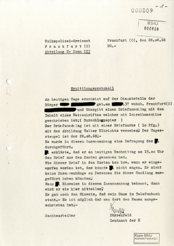 Ein pflichtbewusster Bürger gibt am 28. August 1968 das Flugblatt bei der Volkspolizei ab. Quelle: BStU, MfS, BV Frankfurt (Oder), AOP 2/69