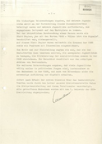 Bericht der Staatssicherheit über die Protesdemonstration in Lübbenau, 25. August 1968. Quelle: BStU, MfS, BV Cottbus, AKG 3063, Bl. 58, Seite 2 von 2