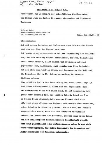Folgenschwere Stellungnahme: Am 29. November 1976 erklärt Roland Jahn, Student der Wirtschaftswissenschaften, dass er die Ausbürgerung von Wolf Biermann nicht gutheißt. Im Februar 1977 wird er von der Universität exmatrikuliert. Quelle: BStU, MfS,...