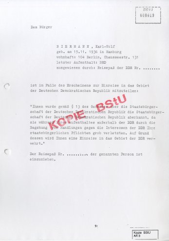 "Auf Grund dessen wird Ihnen eine Einreise in das Gebiet der DDR verwehrt." Quelle: BStU, MfS, HA XX/9 896, Bl. 19