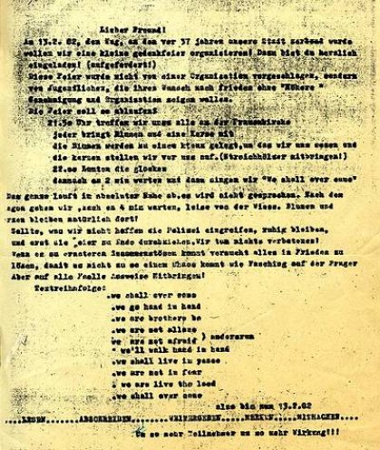 Aufruf von Johanna Kalex zur Demonstration am 13. Februar 1982 an der Ruine der Dresdner Frauenkirche. Quelle: Privatarchiv Johanna Kalex