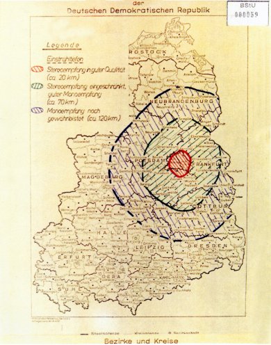 Von der Stasi angefertigte Übersichtskarte: Sendereichweite von Radio Glasnost in der DDR. Quelle: BStU, MfS, HA III, Nr. 494, Bl. 59
