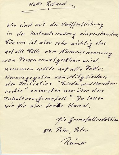 Brief der grenzfall-Redaktion an Roland Jahn, in dem sich die Redaktion mit einem Beitrag über den grenzfall in der ARD-Kontraste-Sendung am 25. August 1987 einverstanden erklärt. Quelle: Robert-Havemann-Gesellschaft / RHG_Fak_0006