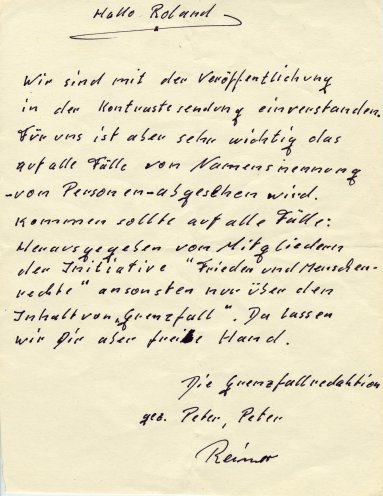 Brief der grenzfall-Redaktion an Roland Jahn, in dem sich die Redaktion mit einem Beitrag über den grenzfall in der ARD-Kontraste-Sendung am 25. August 1987 einverstanden erklärt. Quelle: Robert-Havemann-Gesellschaft