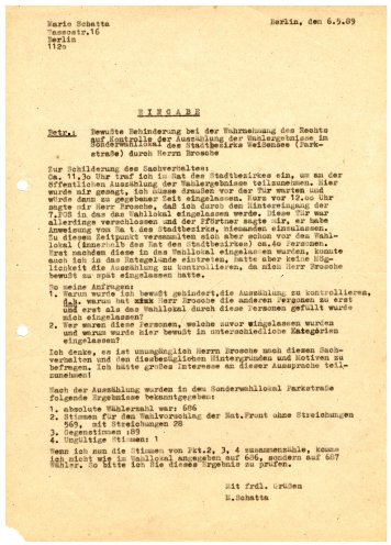Eingabe von Mario Schatta, weil er bei der Wahrnehmung seiner Rechte bei der Auszählung der Stimmen bewußt behindert wurde. Quelle: Robert-Havemann-Gesellschaft / RHG_Fak_0818