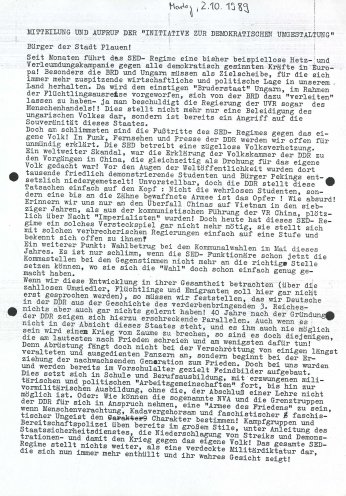 Die kurz zuvor gegründete Initiative zur demokratischen Erneuerung der Gesellschaft ruft die Plauener Bürger zur Teilnahme an der Demonstration am 7. Oktober 1989 auf. Quelle: Bundesarchiv / Stasi-Unterlagen-Archiv, Seite 1 von 2