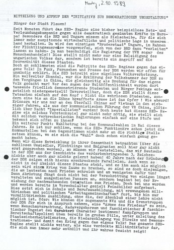 Die kurz zuvor gegründete Initiative zur demokratischen Erneuerung der Gesellschaft ruft die Plauener Bürger zur Teilnahme an der Demonstration am 7. Oktober 1989 auf. Quelle: Bundesarchiv / Stasi-Unterlagen-Archiv, Seite 1 von 2