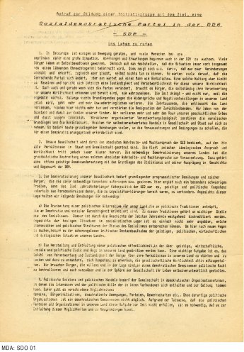 Gründungsaufruf der SDP (August 1989). Quelle: Robert-Havemann-Gesellschaft, Seite 1 von 2, RHG_Fak_0520