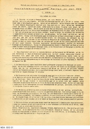 Gründungsaufruf der SDP (August 1989). Quelle: Robert-Havemann-Gesellschaft, Seite 1 von 2