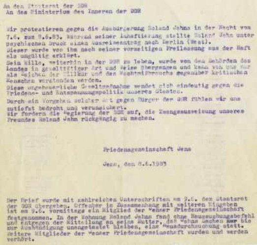 8. Juni 1983: Ein Brief an den Staatsrat und das Ministerium des Innern der DDR, mit dem Protest der Friedensgemeinschaft Jena gegen die gewaltsame Ausbürgerung von Roland Jahn in der Nacht zuvor.