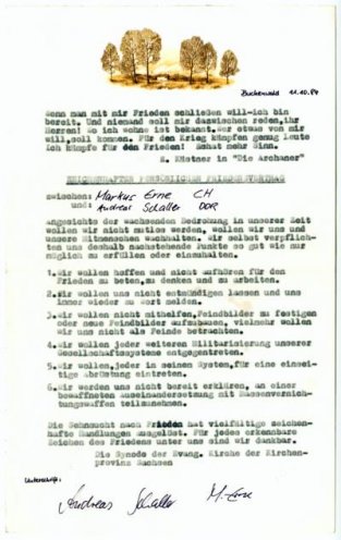 Auch Markus Erne aus der Schweiz und Andreas Schaller aus der DDR schließen einen Persönlichen Friedensvertrag ab (11. Oktober 1984).