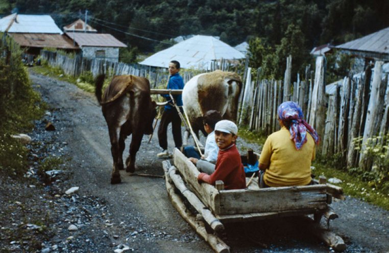 Auf seiner Reise durch den Kaukasus fotografiert Jan Oelker 1988 dieses eigenartige Gefährt. In Swanetien, im heutigen Georgien, kannte man bis in die 1930er Jahre das Rad nicht. Wozu auch, wenn es auch so geht?