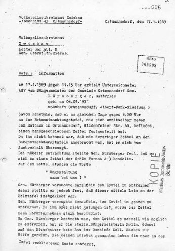 17. Januar 1989, Bericht der Volkspolizei Zwickau nach dem Auffinden des Zettels „Umgestaltung – wann bei uns?“.