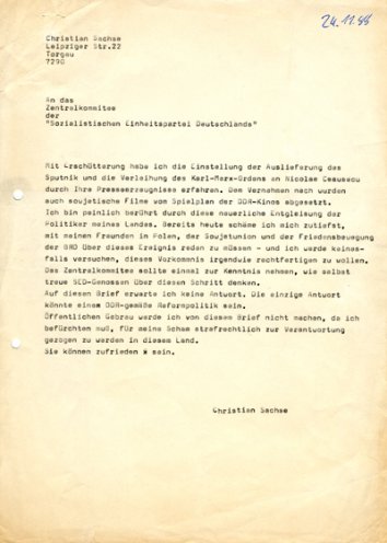 Weil er sich mit dem Verbot des Sputnik nicht abfinden will, schreibt Christian Sachse eine Eingabe an das Zentralkomitee des SED.