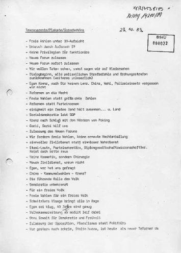 „Gorbi, Gorbi hilf uns!“ Die Stasi erstellt eine Liste der auf den Demos gezeigten und gerufenen Forderungen und Losungen (23. Oktober 1989). Quelle: Bundesarchiv / Stasi-Unterlagen-Archiv