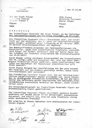 Erklärung der Freiwilligen Feuerwehr Plauen zum Einsatz von Feuerlöschfahrzeugen als Wasserwerfer (8. Oktober 1989).