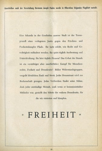 Ein Flugblatt, das nach der Verhaftung Hermann Joseph Flades in Olbernhau verteilt wurde. Quelle: PZ-Archiv (Publizistisches Zentrum) Nr. 6, 2. Jg. 1951, S. 23