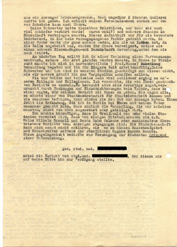 Protokoll einer Demütigung: Eine Medizinstudentin berichtet über ihre Erlebnisse am Abend des 30. März 1955, ihre Verhaftung und die entwürdigenden Bedingungen während der Untersuchungshaft. Quelle: Universitätsarchiv Greifswald, Seite 2 von 2