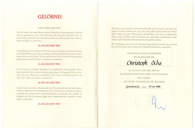 Urkunde zur Jugendweihe mit Jugendweihegelöbnis. Seite 2 von 2, Quelle: Privat-Archiv Christoph Ochs