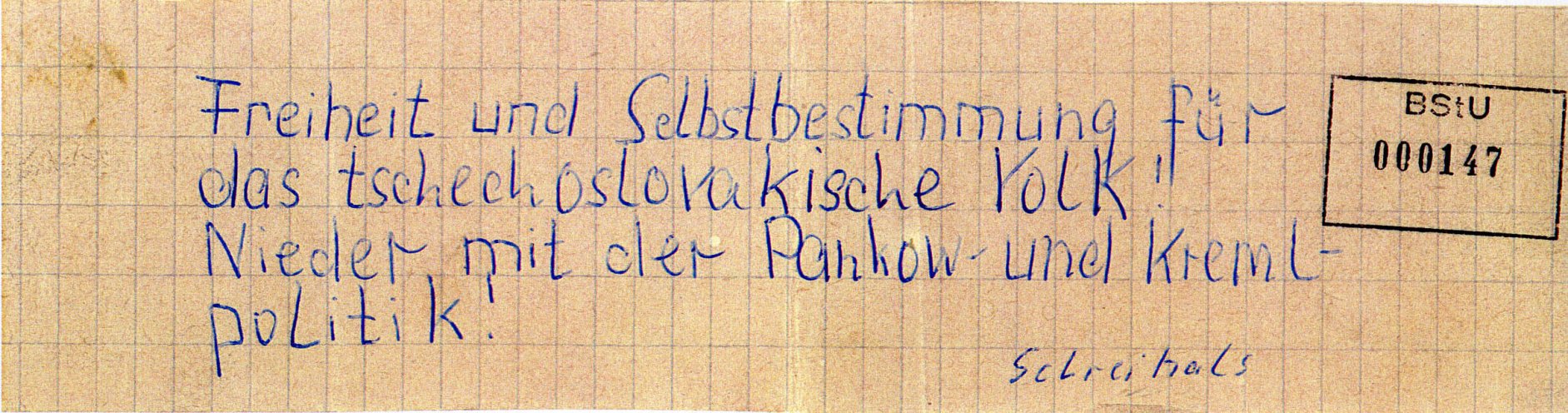 In Schwerin schreibt ein 21-jähriger Flugblätter gegen den Einmarsch der Warschauer-Pakt-Truppen in die CSSR und verteilt diese in Hausbriefkästen in seiner Wohngegend. Quelle: BStU, MfS, BV Schwerin, AU 11/69, GA Bd. 3, Bl. 147, Seite 1 von 10