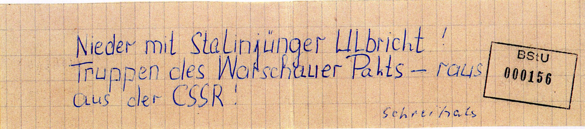 In Schwerin schreibt ein 21-jähriger Flugblätter gegen den Einmarsch der Warschauer-Pakt-Truppen in die CSSR und verteilt diese in Hausbriefkästen in seiner Wohngegend. Quelle: BStU, MfS, BV Schwerin, AU 11/69, GA Bd. 3, Bl. 156, Seite 10 von 10