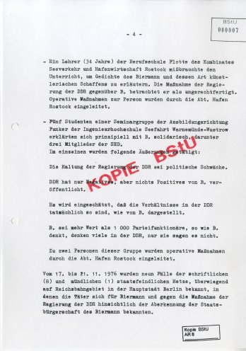 Auch im Norden der DDR entwickelt sich Protest gegen die Ausbürgerung von Wolf Biermann. Quelle: BStU, MfS, HA XX/AKG 842 Bl. 7